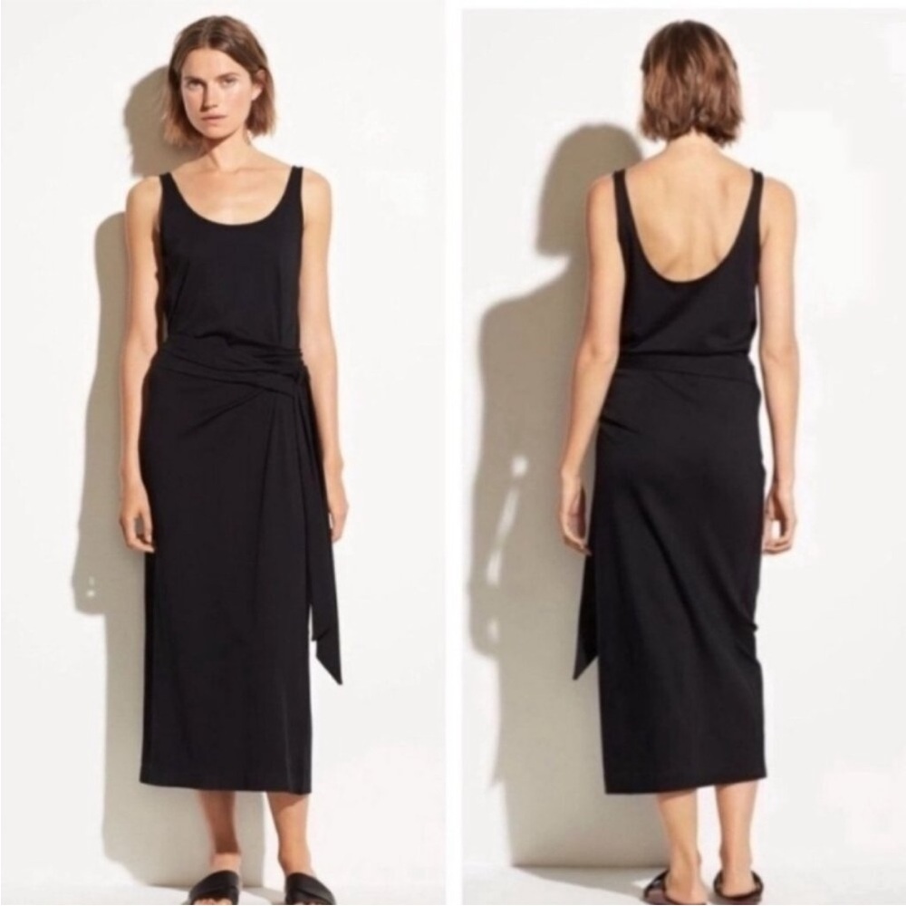 Vince Pima Cotton Sleeveless Scoop Neck Wrap Midi Dress Black XL $225